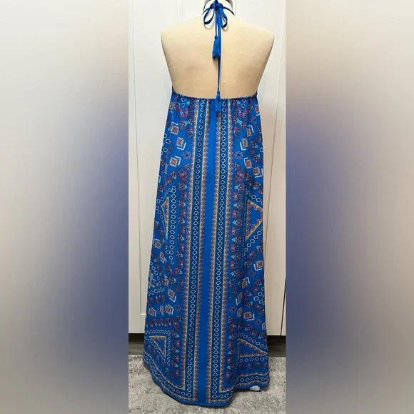 Blue Patterned Halter Maxi Dress Sz MED - Picture 2 of 3